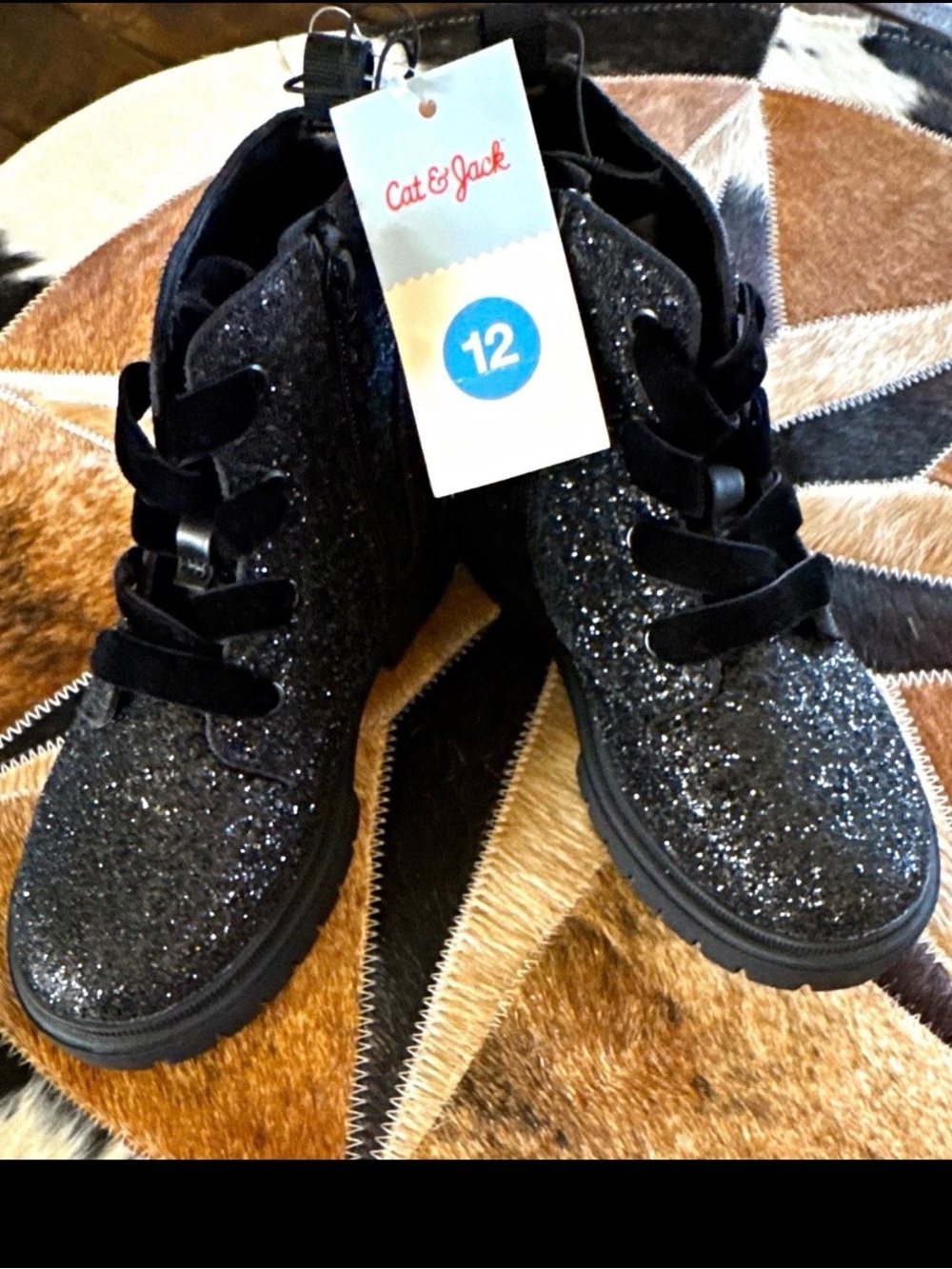 Little Girls size 12 Cat & Jack Black Khloe Glitter Lace-Up Kids Boots